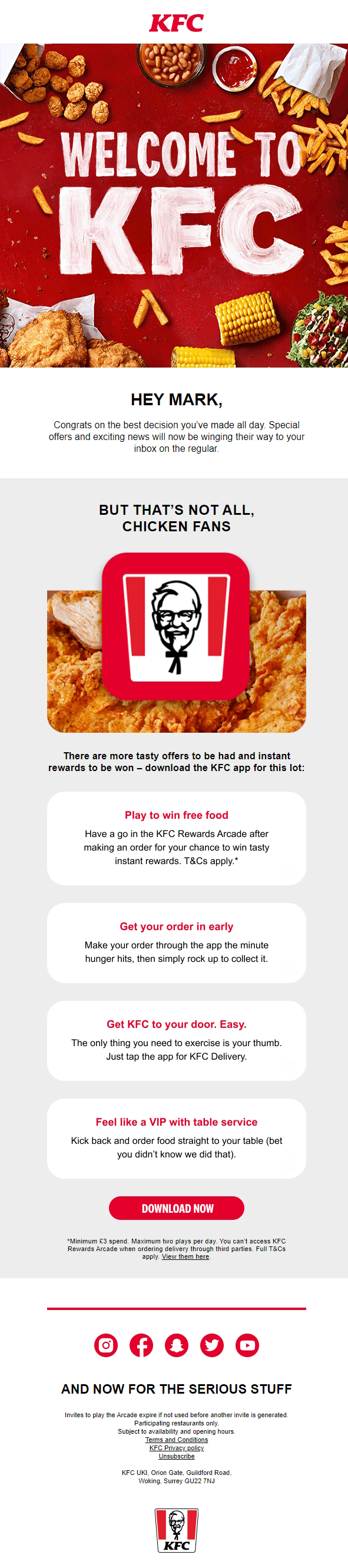 kfc welcome email